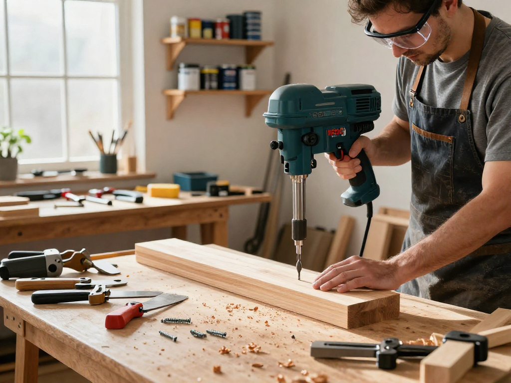 Craftsman using Bosch PBD 40 drill press in a well-organized home workshop, showcasing woodworking precision.