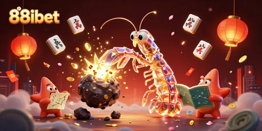 88ibet galactic samurai mantis shrimp bursts through an asteroid, revealing gems and coins