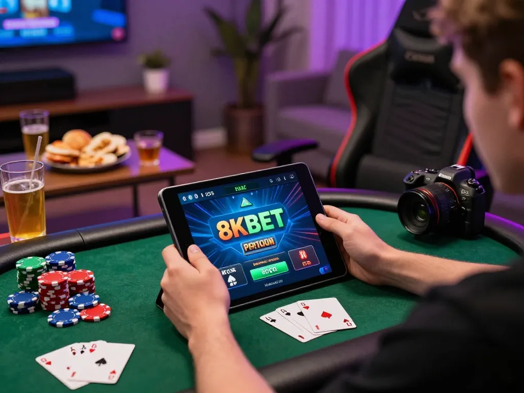 Engaging user experience on the 8KBET online gambling platform featuring gaming accessories and an inviting atmosphere.
