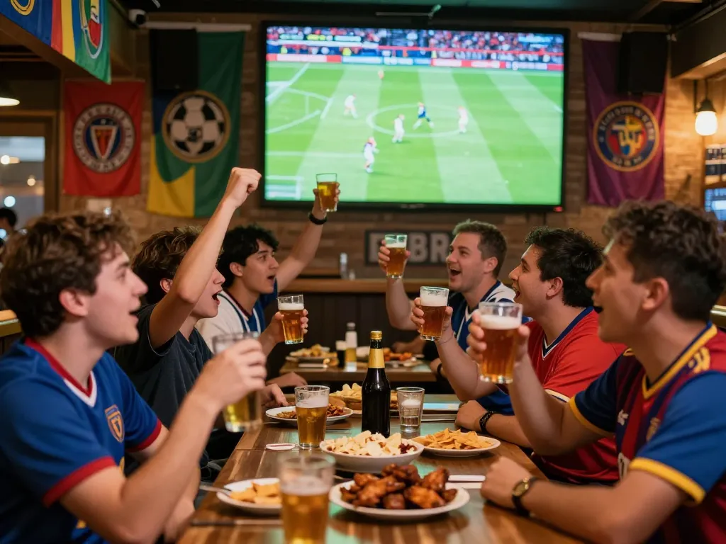 Fans cheering while ดูบอล at a vibrant sports bar during an exciting match evening.