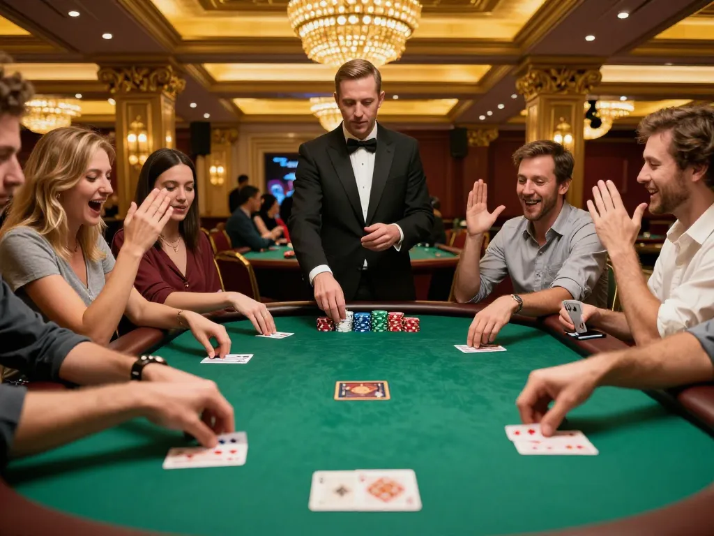 F8bet players showcasing their poker hands at a luxurious casino table surrounded by vibrant atmosphere
