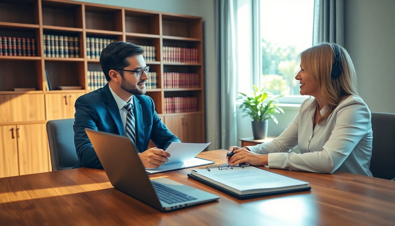 Clearwater truck accident lawyer discussing legal options with a client in a bright and professional office.
