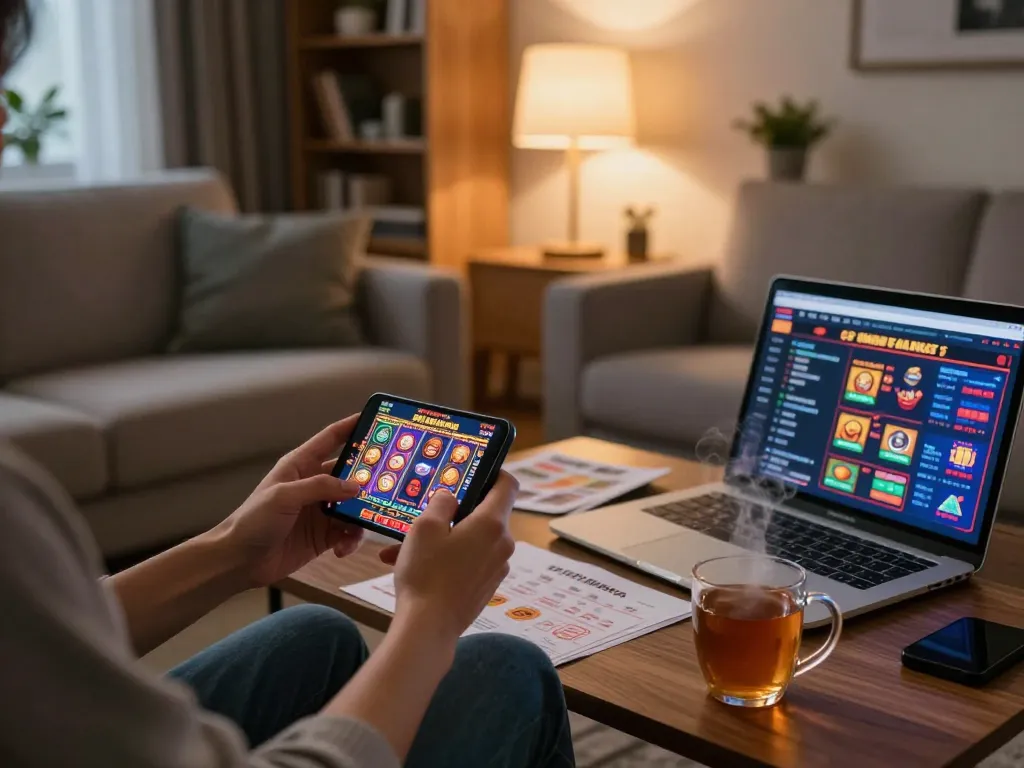 Engaging gameplay on the 99Win mobile app, showcasing a user enjoying a vibrant slot game in a cozy home setting.