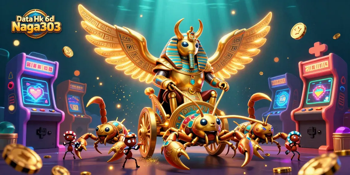 Engage with Data Hk 6d Naga303, featuring a golden scarab chariot amidst vibrant casino elements.