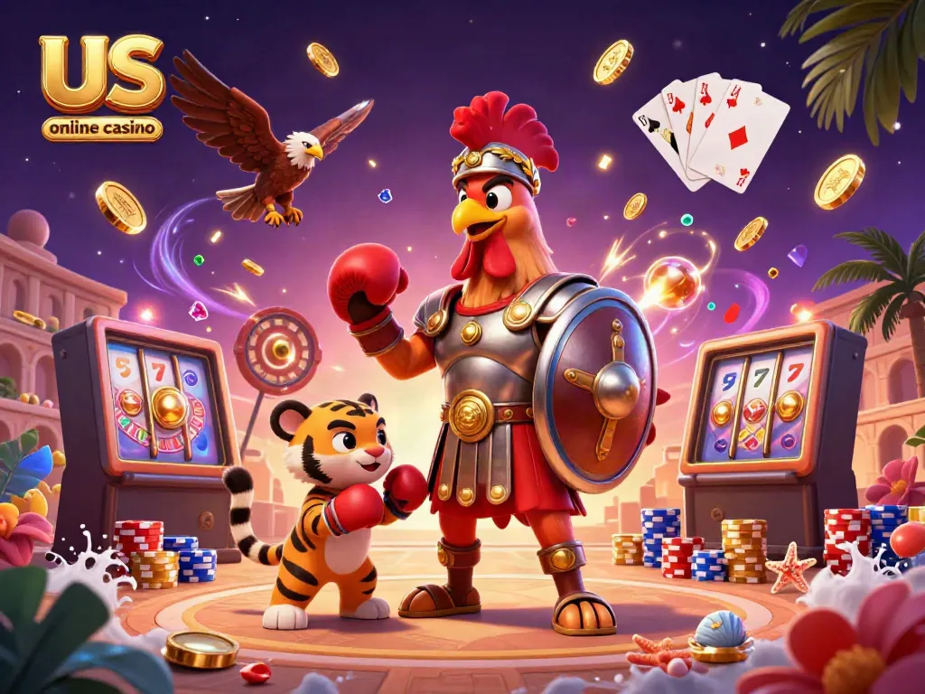 Experience the excitement of the us online casino with a dynamic gladiator rooster scene.