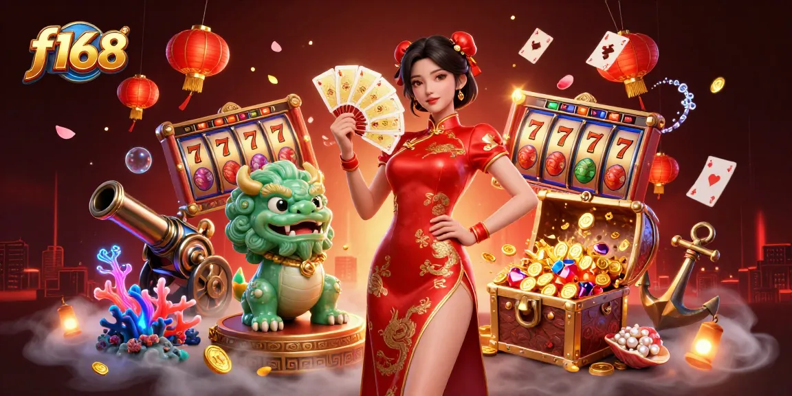 Engage with f168's thrilling slot experience as a woman in qipao showcases golden playing cards amidst vibrant casino elements.
