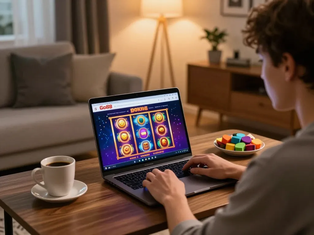 Go88 slot game displayed on laptop screen during cozy home gaming session.