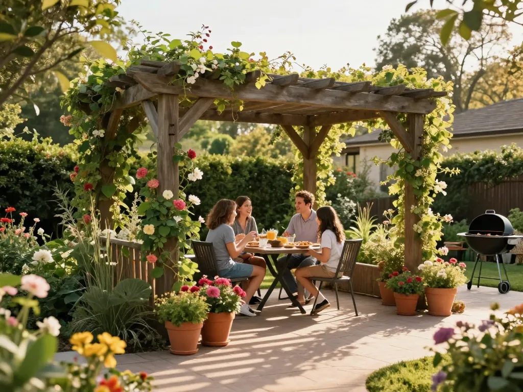 3D pergola in a lush garden setting with family enjoying outdoor gathering