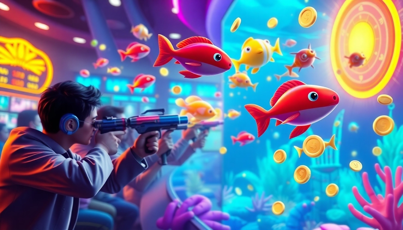 Bắn cá đổi thưởng in a vibrant casino scene, showcasing colorful fish and players aiming with high-tech underwater weapons.