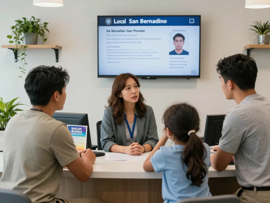 Compassionate bail bonds assistance in a modern San Bernardino office, showcasing bail bonds support