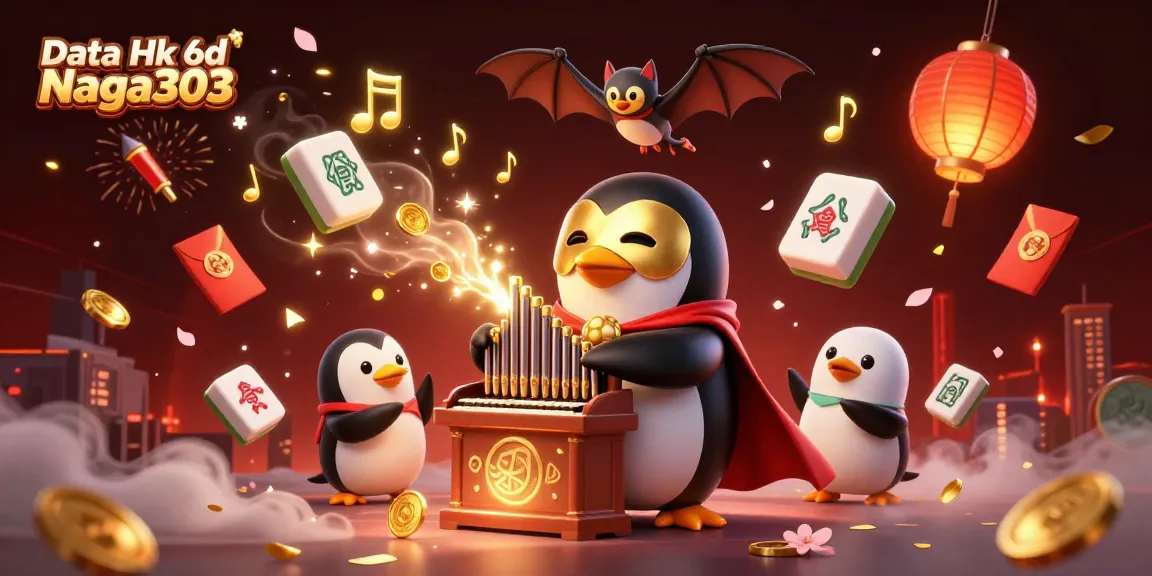 Gana con Data Hk 6d Naga303 mientras el pingüino fantasma toca un órgano lanzando monedas doradas en un ambiente festivo.