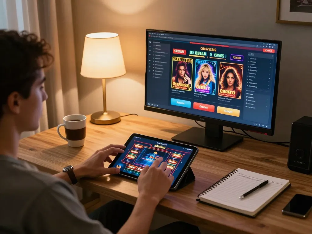 RR88 online casino gaming on tablet, comfortable home setting, and strategic notes.