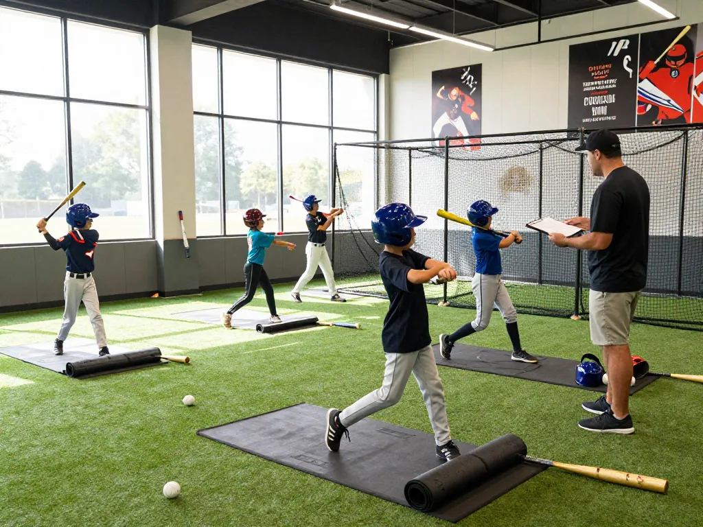 hitclub training session with young athletes practicing swings in a vibrant indoor batting cage