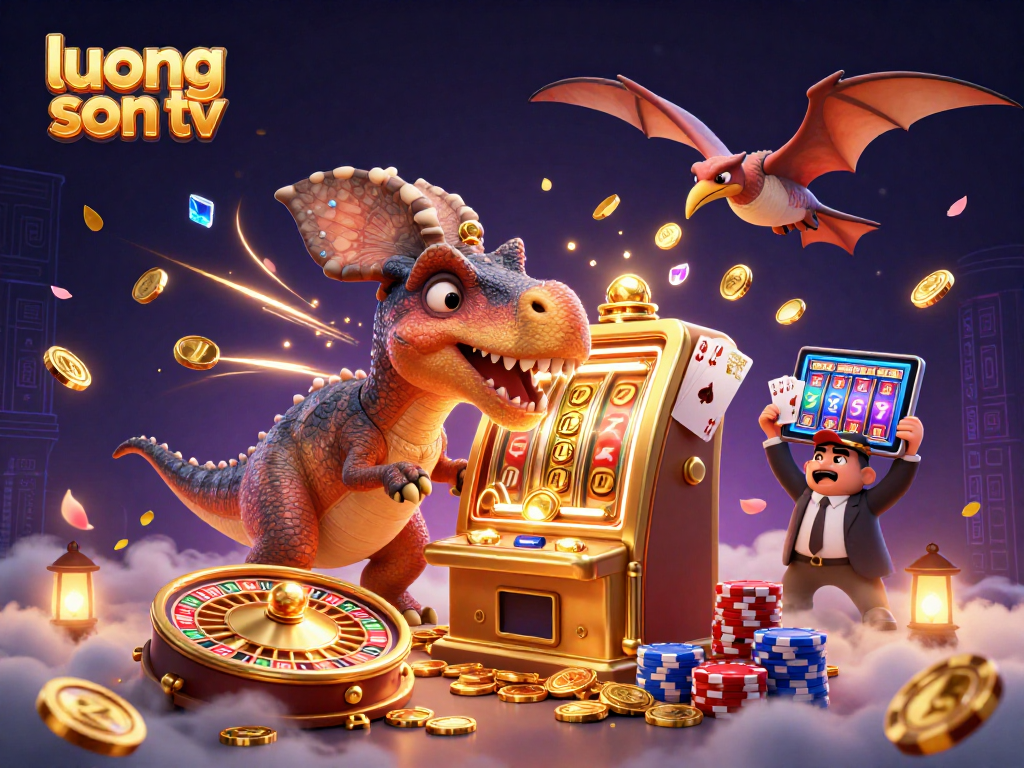 luong son tv brings excitement with cartoon dinosaurs in a lively casino scene catching jackpot coins.