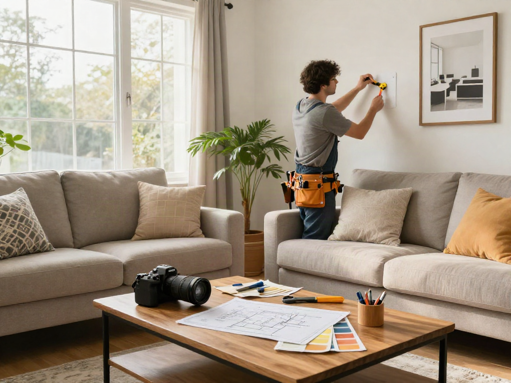 Handyman providing home repair services Des Moines Iowa in a bright living room.