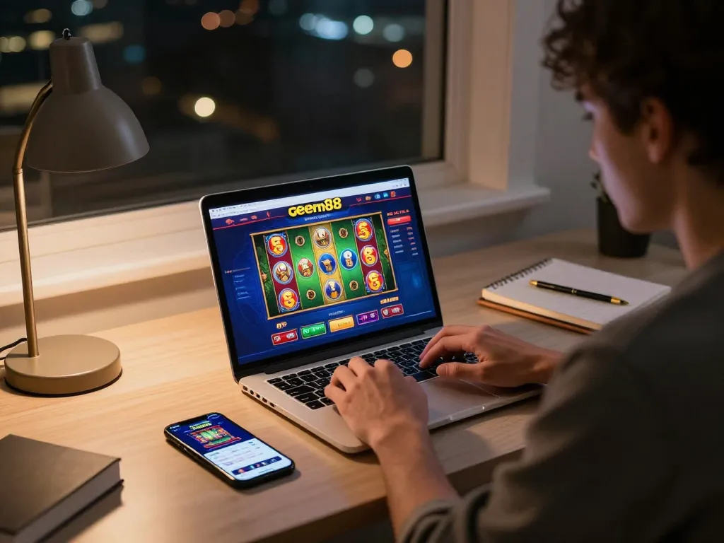 Player enjoying gem88 online casino games on laptop in a cozy home office