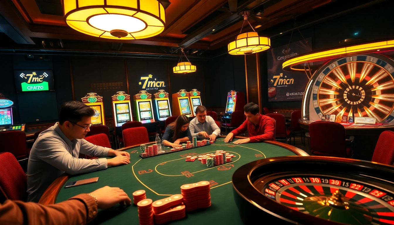 Players engaged in a high-stakes poker game at a luxurious casino featuring 7m cn branding elements.