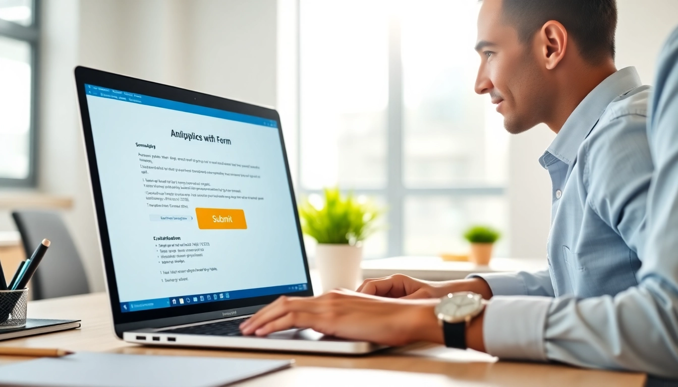 Complete your uk eta online application with ease and professionalism at a modern office setting.
