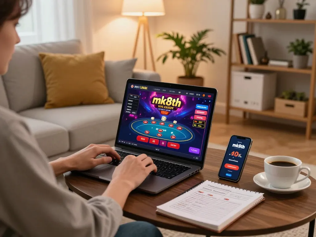 Engaging with mk8th online casino platform from a cozy living room, showcasing strategic betting.