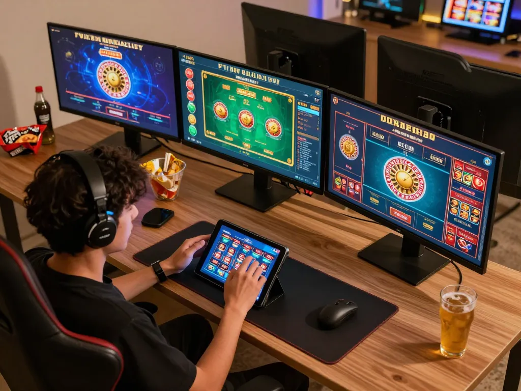 manclub gaming setup showing engaging online casino gameplay with multiple screens and cozy atmosphere