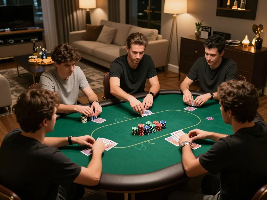Main poker lapak303 scene with players engaged in a lively home game around a professional poker table.