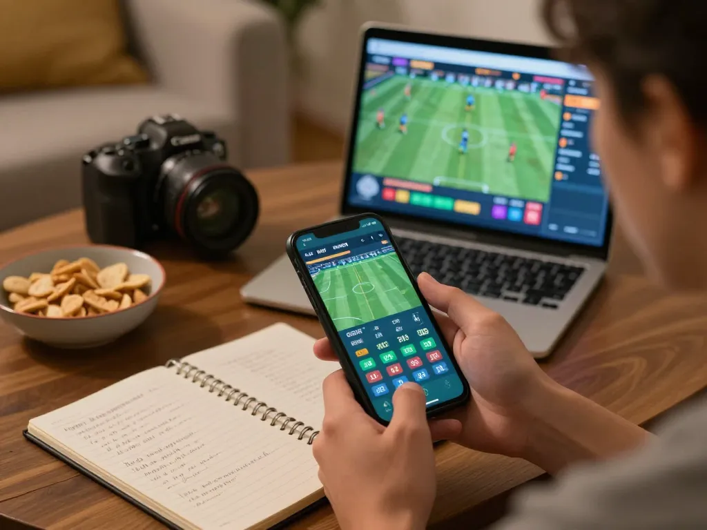 Engaged person using smartphone for soi kèo bóng đá, showcasing live betting odds and strategies in a cozy environment.