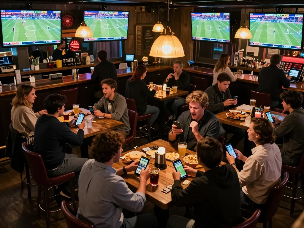 WIN79 patrons excitedly placing bets on live sports events in a vibrant bar atmosphere