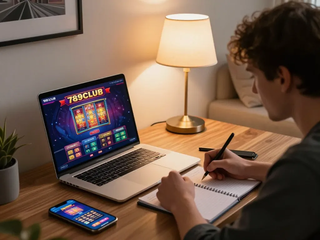Player engaging with 789CLUB interface on a laptop, emphasizing online gaming strategy and focus