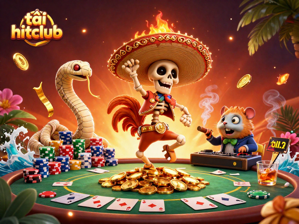 Experience gaming fun with tải hitclub alongside festive characters and a lively poker scene.