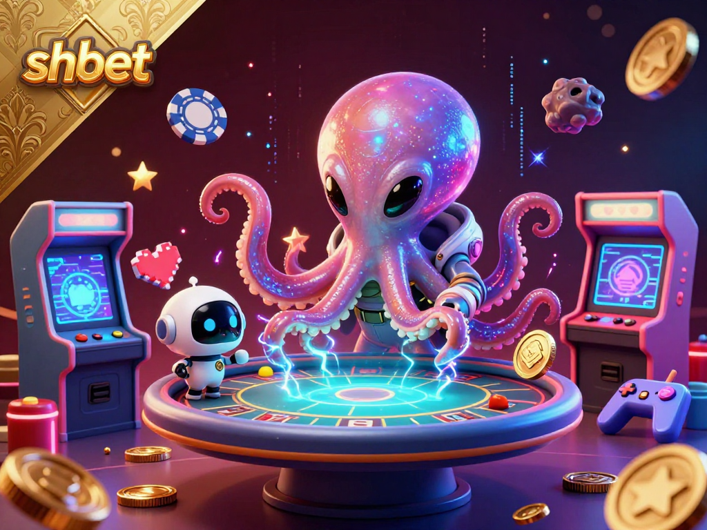 Engage with shbet at a thrilling holographic poker table operated by an alien octopus in a vibrant casino scene.