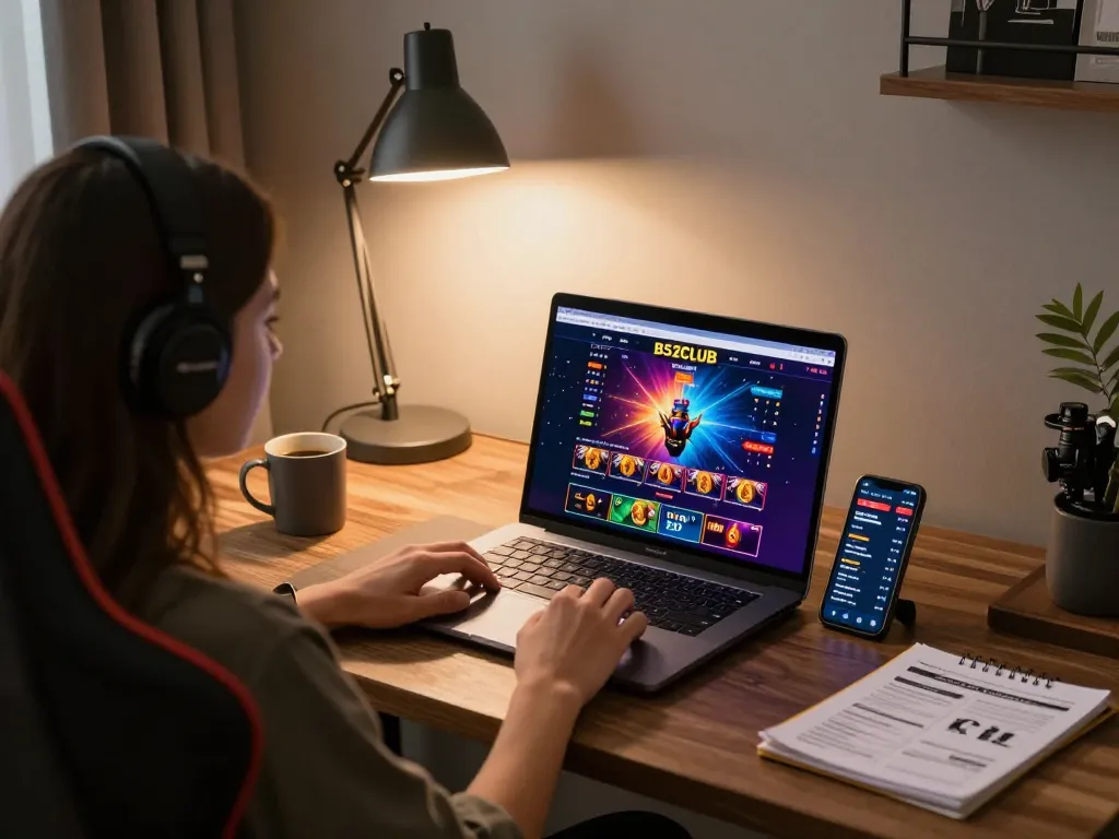 B52CLUB online gaming setup with laptop showing vibrant casino games and smartphone with betting odds