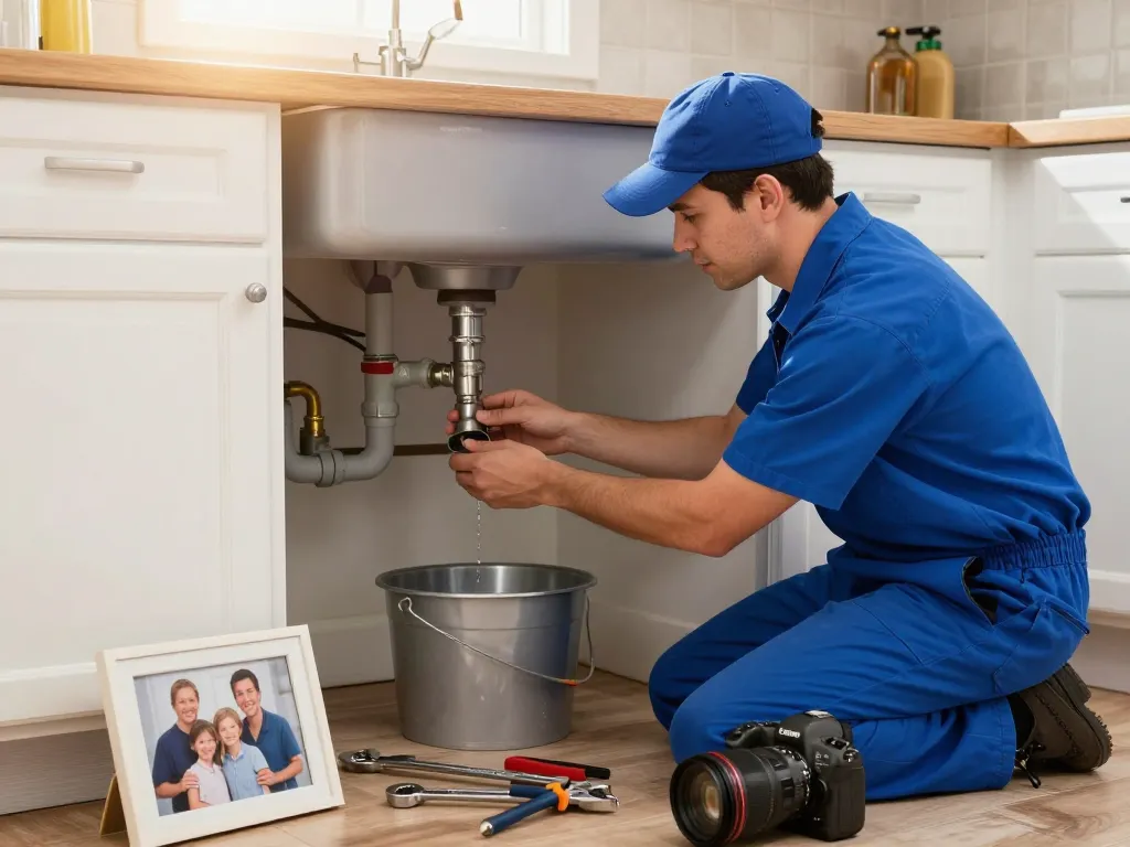 24/7 plumbing service Rapid City plumber repairing kitchen leak under sink with tools, creating professional emergency response atmosphere.