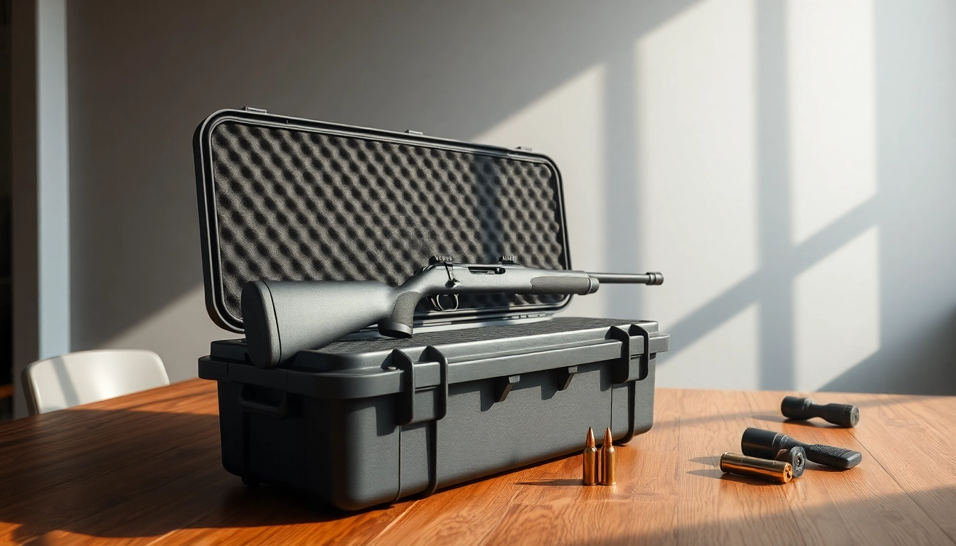 Showcasing pelican gun case for sale with sleek design and hunting accessories nearby.