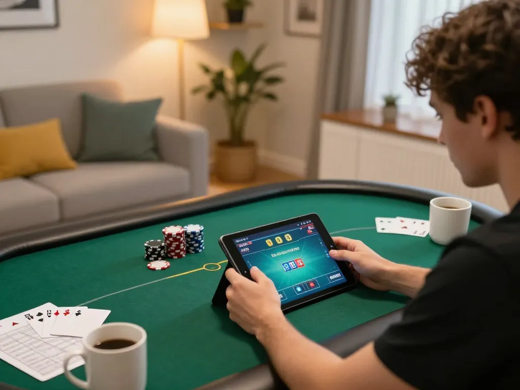Player engaging with the go88vv online casino app on a tablet in a cozy home setting while enjoying poker games.