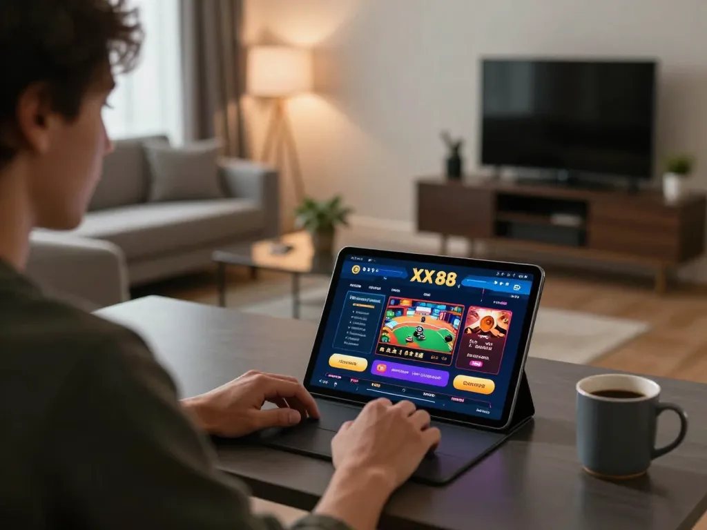 Engaged player using XX 88 casino app on tablet in stylish home setting.