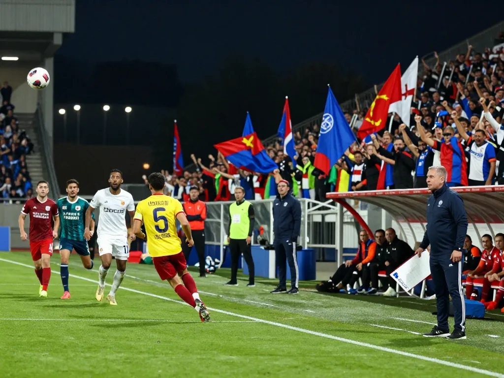 Exciting football match action featuring players competing passionately and a cheering crowd, showcasing ฟุตบอล in full swing.