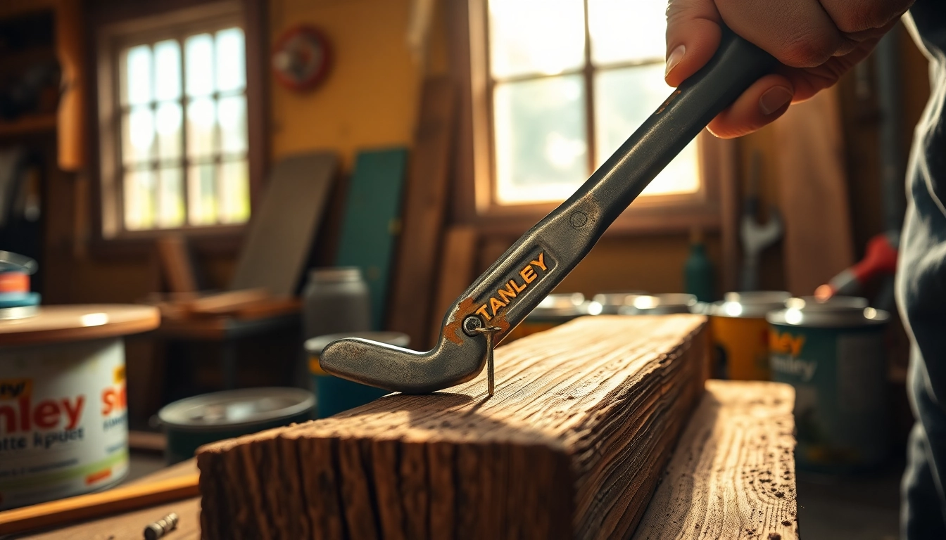Stanley pry bar expertly removing a nail from wood in a workshop.