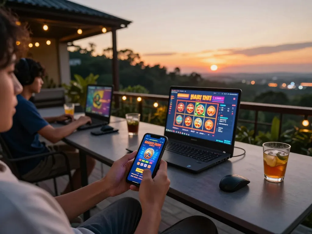 Engaging with the slot gacor hari ini app on a smartphone, showcasing the excitement of online gambling outdoors.