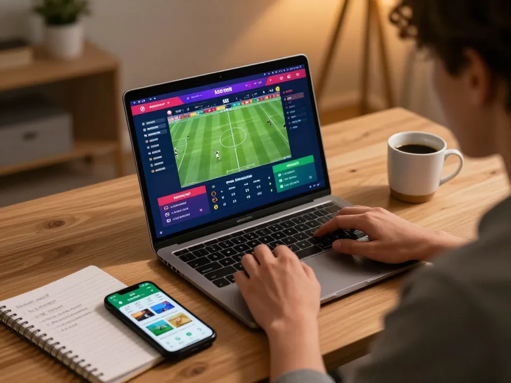 View of a person engaging in tỷ lệ bóng đá kèo nhà cái on a laptop with betting strategy notes.