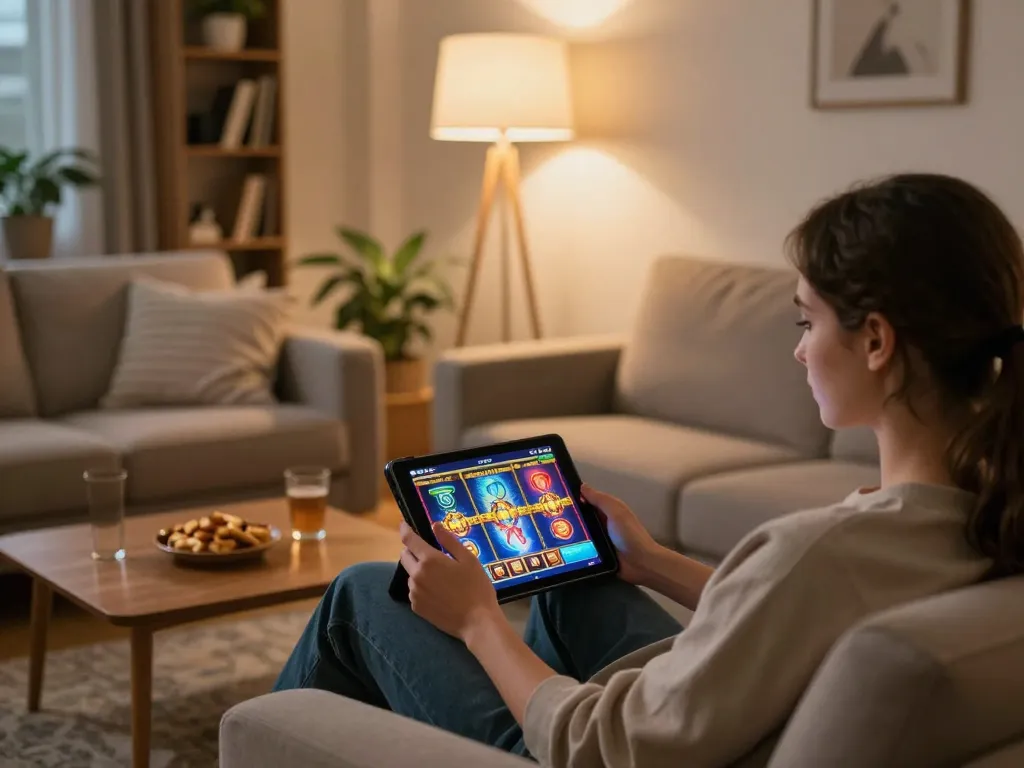 C168 player enjoying a vibrant slot game on tablet while relaxing at home with snacks.