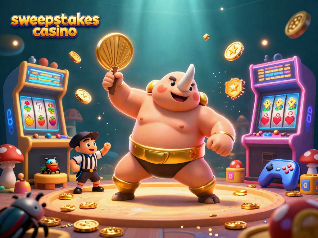 Experience the thrilling action of sweepstakes casino with a sumo beetle champion amidst vibrant gaming elements.