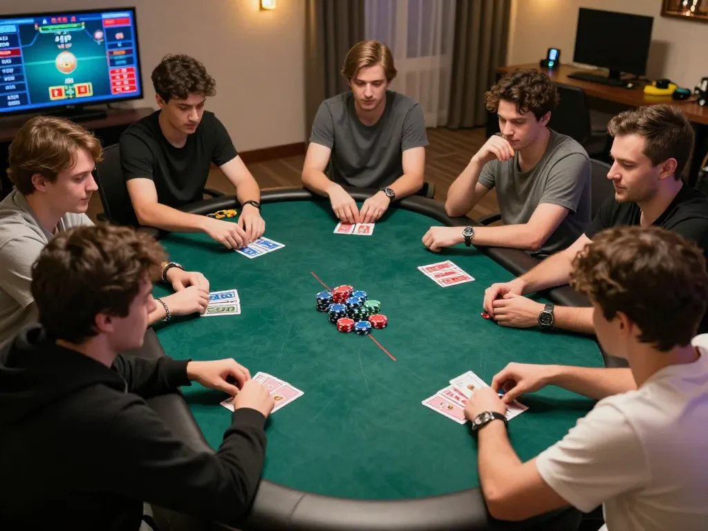 Players strategizing in an online poker game on 79sodoni, focusing on their cards and bets.