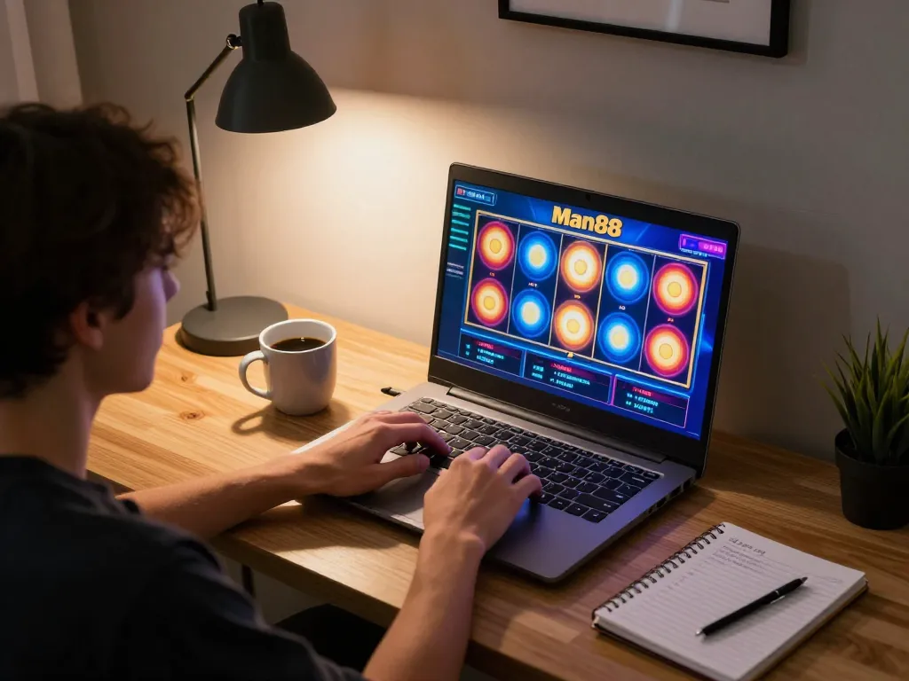 Player engaging in online slots on Man88, showcasing colorful reels and strategic gaming notes