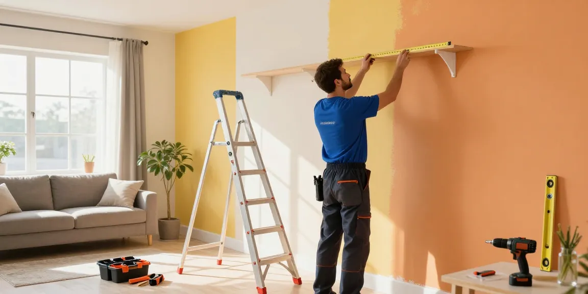 HubPro handyman services in action as a professional technician installs shelves in a modern living room, showcasing tools and an organized workspace.