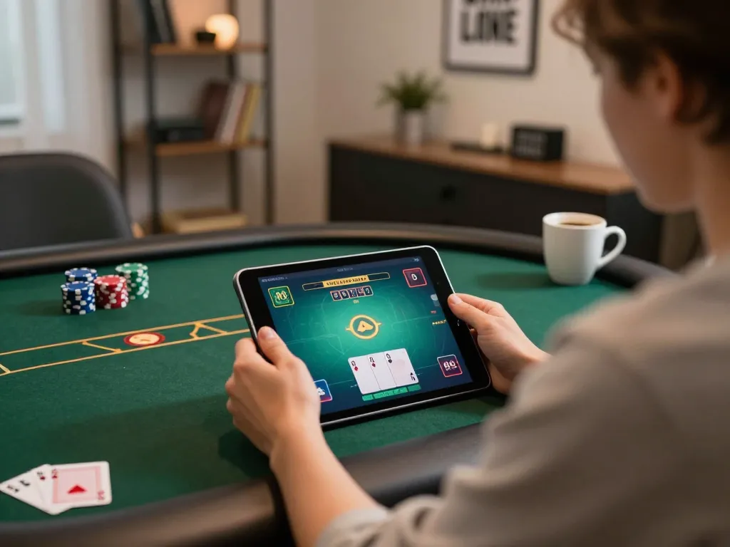 Engaging fun88 online poker session on a tablet, chips visible, emphasizing responsible gaming.