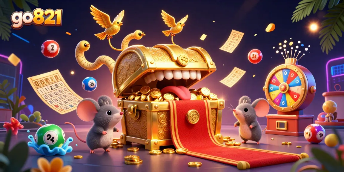 Join the excitement of go821 as animated mice discover treasures in a vibrant gambling scene.