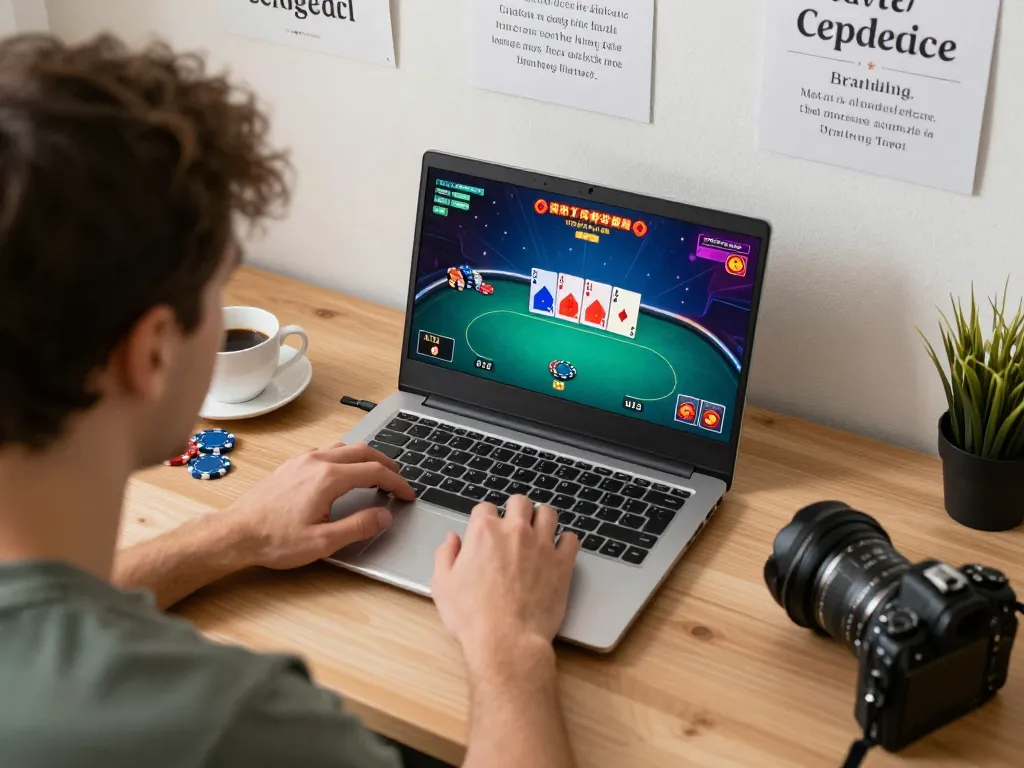 RR88 player strategizing in an online poker game at home, showcasing digital gameplay and cozy atmosphere.