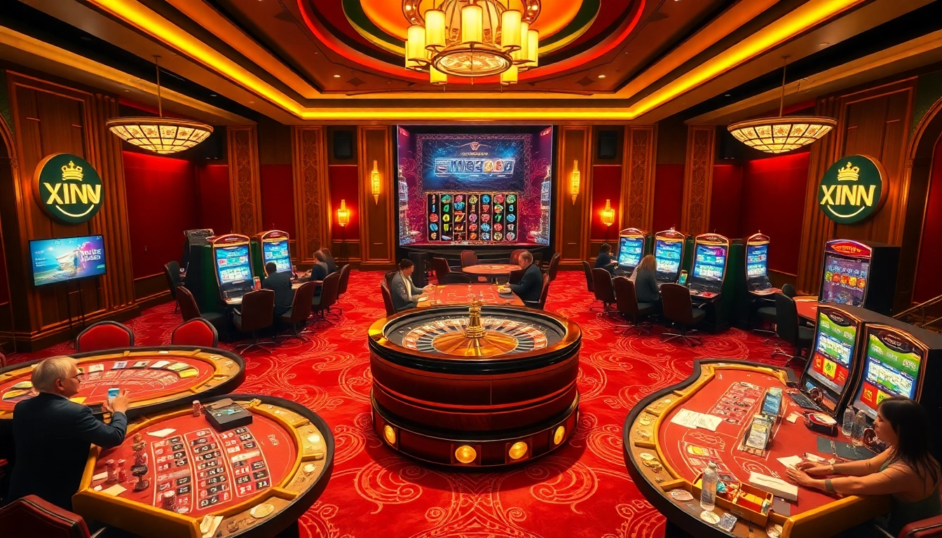 Engaging casino experience at Trang Chủ XIN88 with players, roulette wheel, and vibrant slot machines.