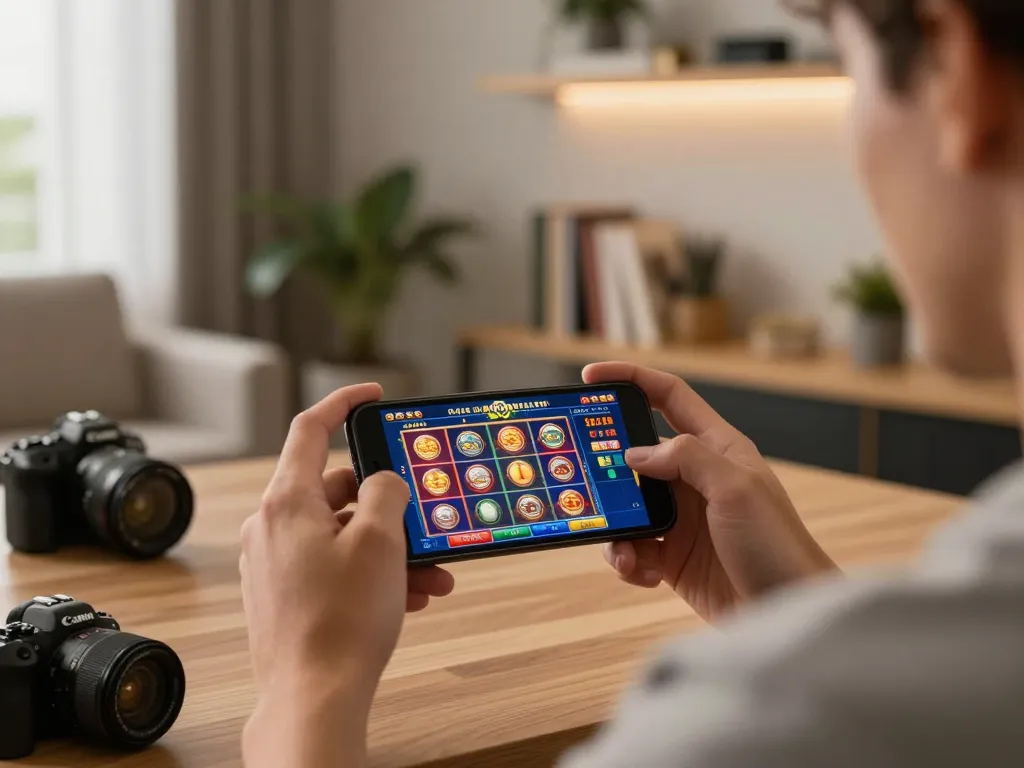 Engaging RED88 smartphone gaming setup showcasing lively slots interface and strategic atmosphere