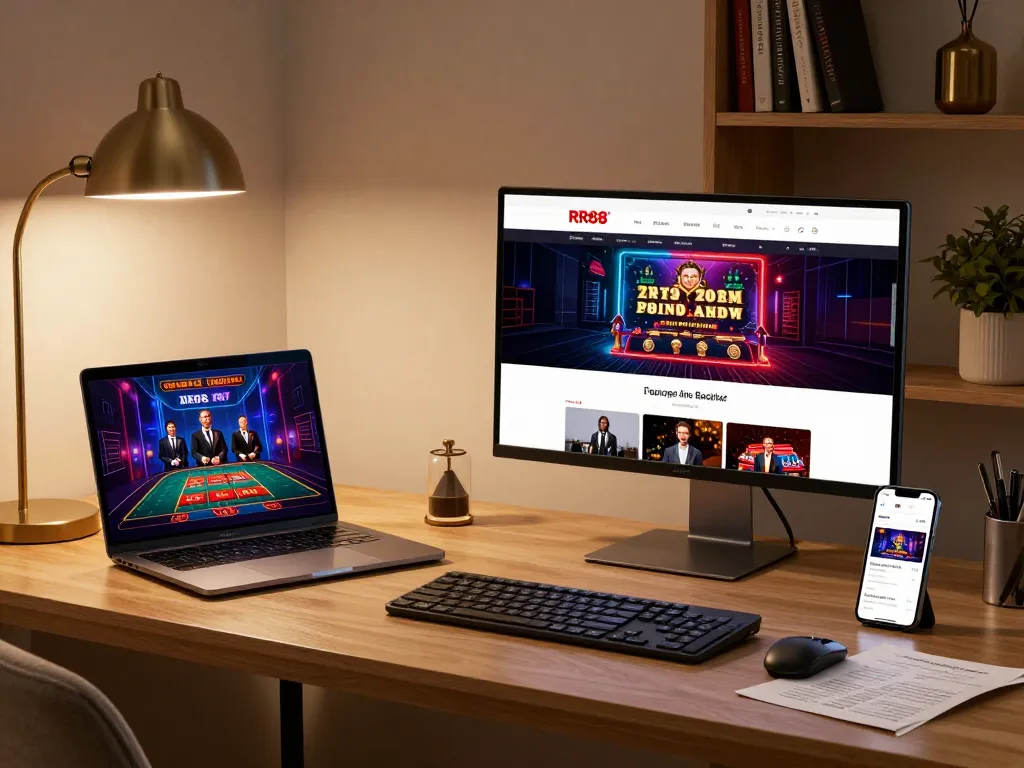 Engaging in online gaming with the RR88 casino setup showcasing strategic gameplay and a sophisticated home environment.